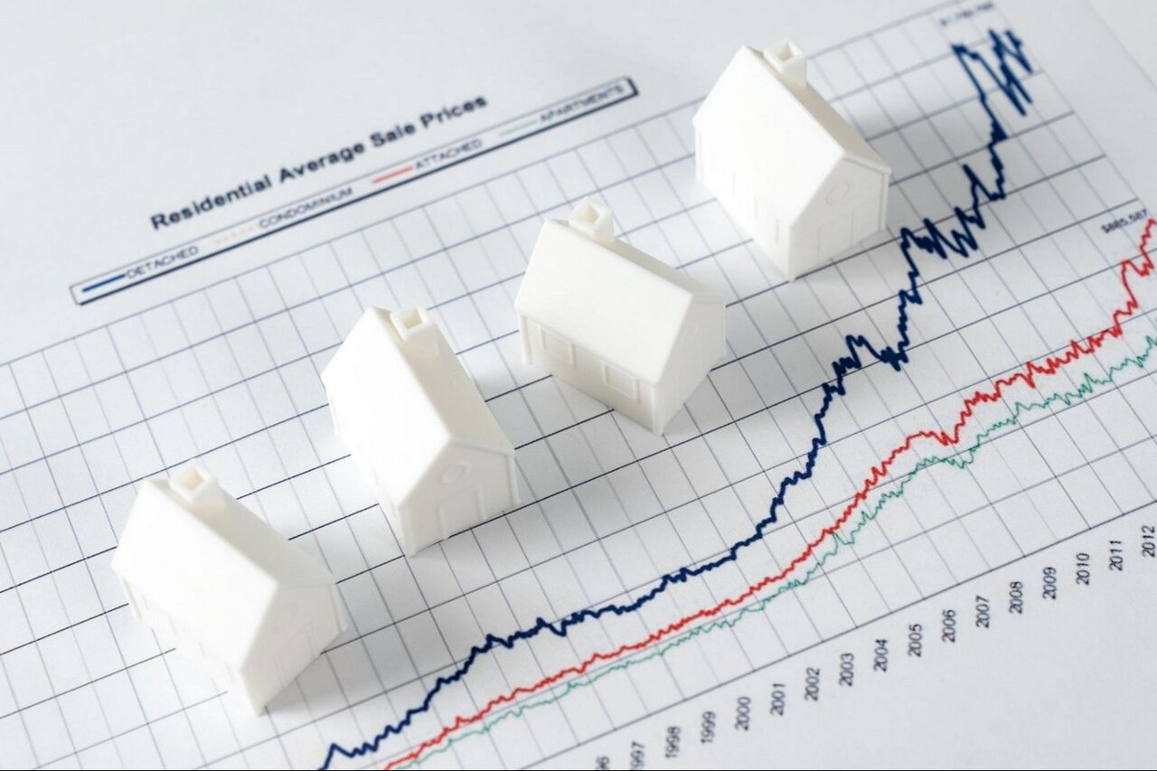 Four white model homes sit on top of a graph that shows home sale prices trending upwards over time. 