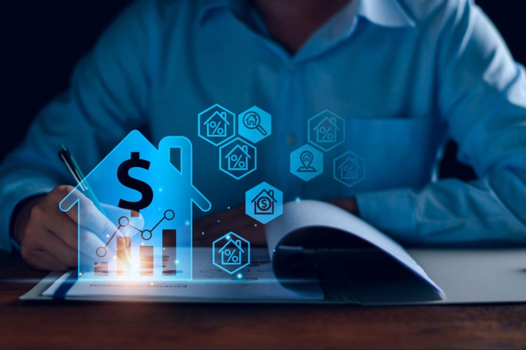 Image of a man writing in a notebook with a house and widgets overlapping the image.