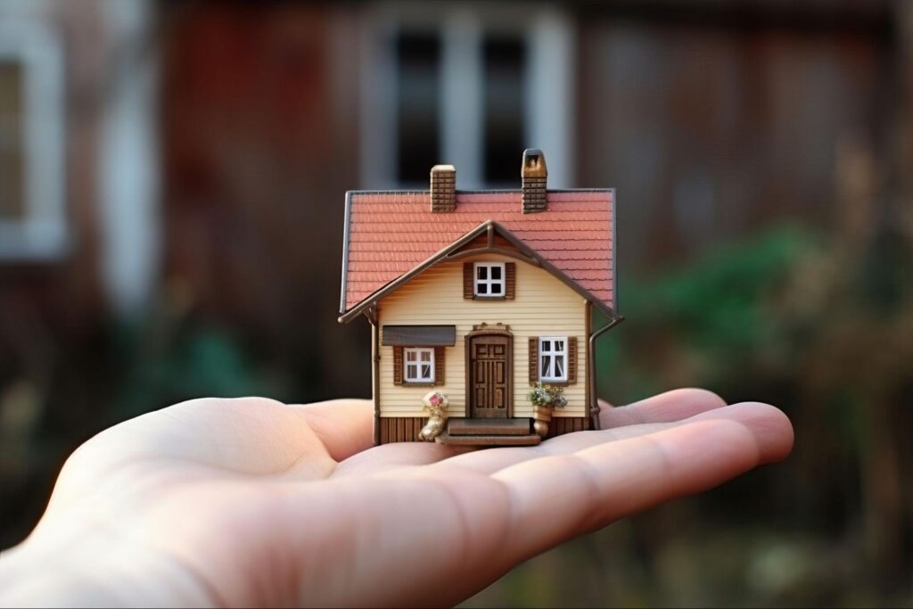 A small model home in the palm of a hand.