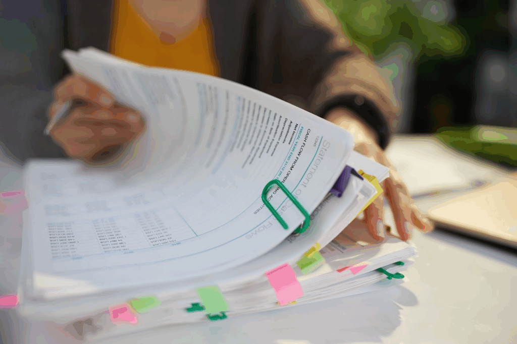 A person files through a stack of documents.
