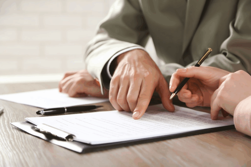 People working with documents at a desk