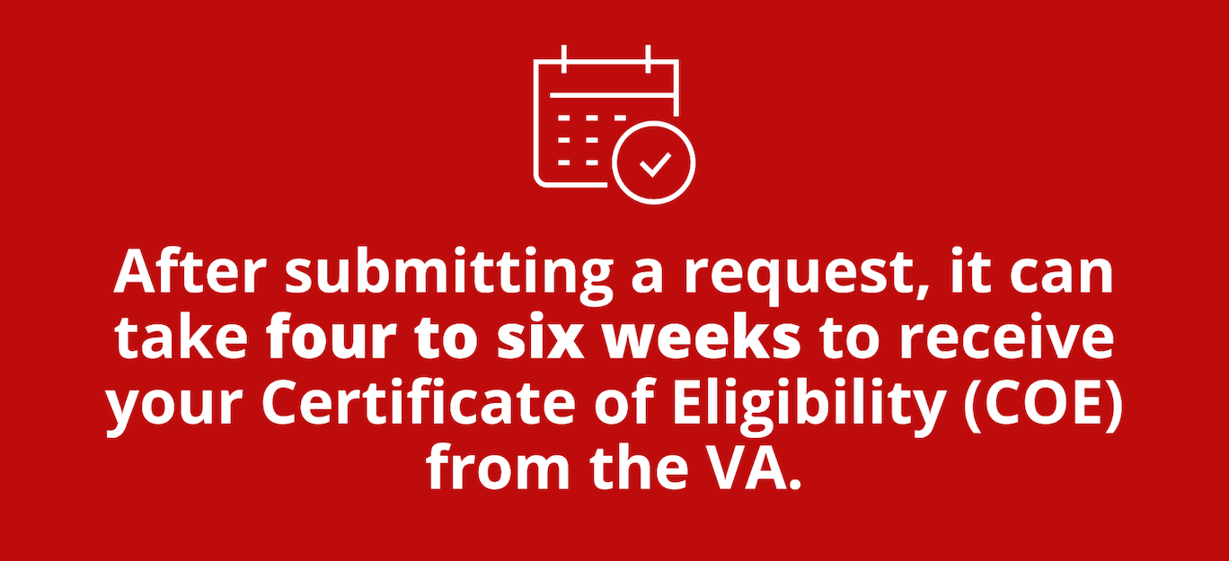 It can take four to six weeks to get your COE from the VA after you request it