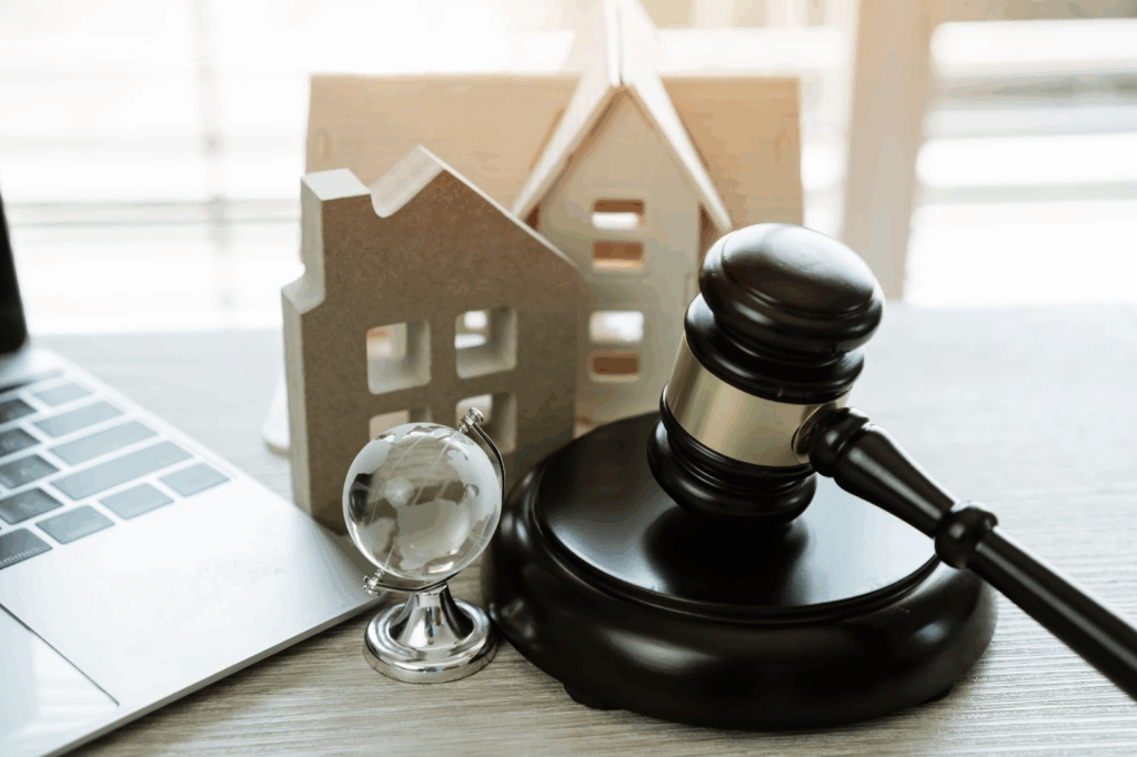 A gavel next to small home models.